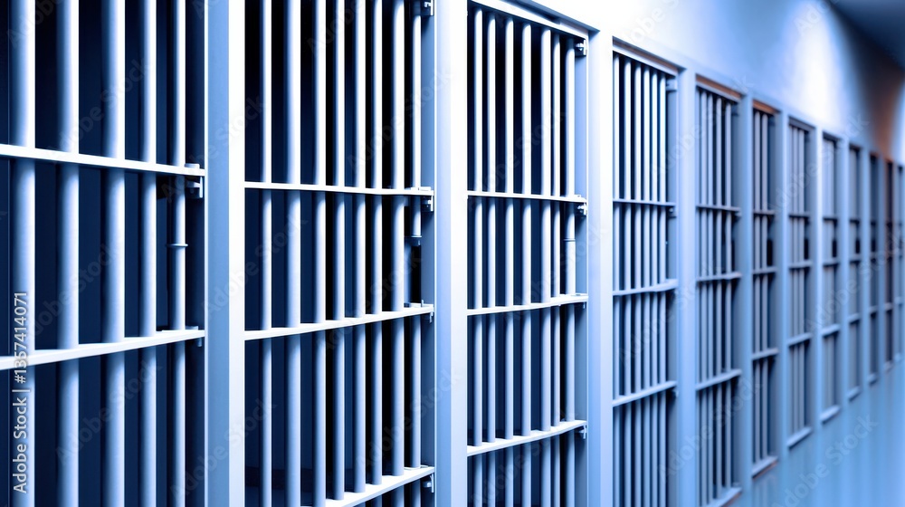Steel Prison Cell Bars in a Light Blue Room Steel Prison Cell Bars in a Light Blue Room