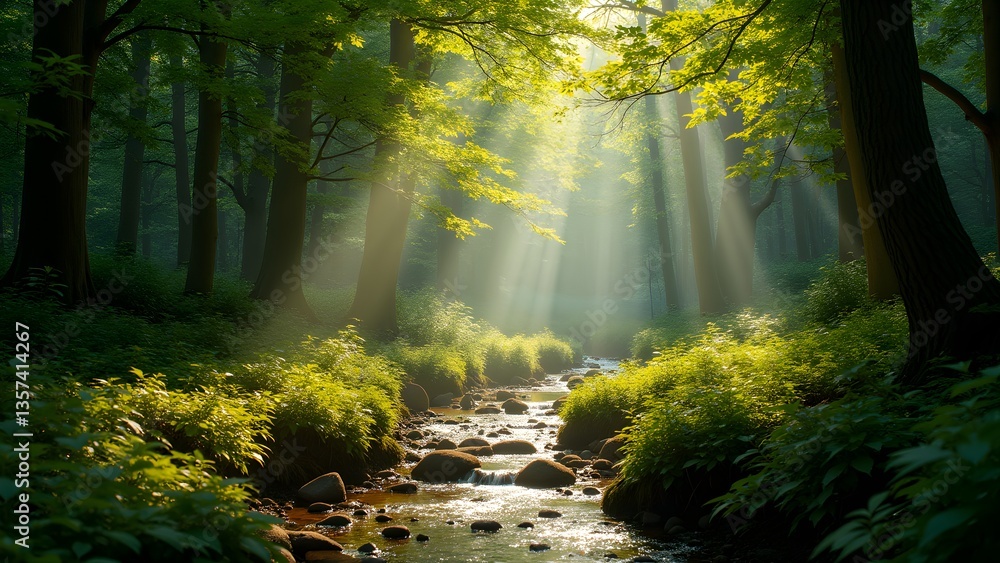 Fototapeta premium Sunlit Forest Stream: Nature's Serene Beauty, Woodland, Trees, and Flowing Water