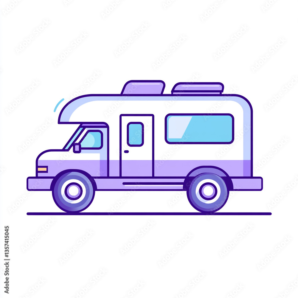 Fototapeta premium A cartoon illustration of a purple and white recreational vehicle (RV) with large windows, a sleek design, and a flat roof, parked on a level surface, offering a modern, mobile home aesthetic. 
