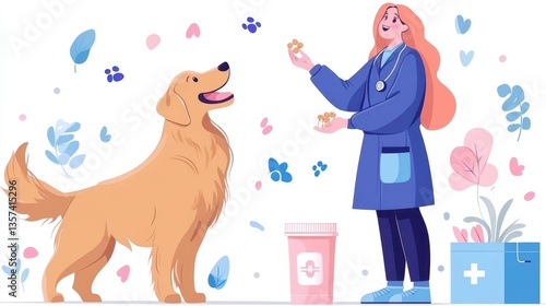 Smiling veterinarian giving treats to a happy golden retriever with medical supplies and decorations