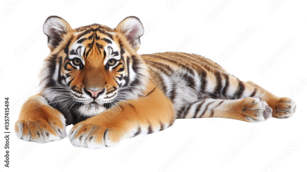 Obraz premium Majestic Tiger Lying Gracefully with Striking Patterns and Vibrant Colors on a White Background
