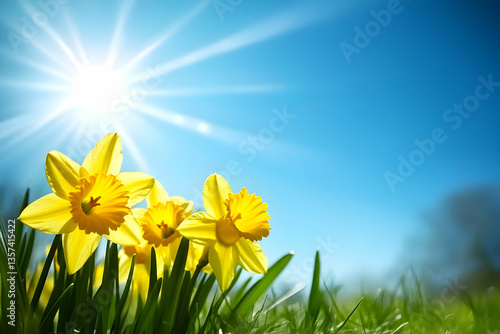 Bright yellow daffodils bloom under a clear blue sky, symbolizing spring's arrival and the beauty of nature.