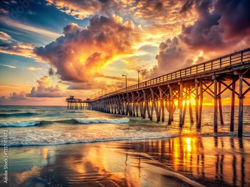 Vintage Oak Island Ocean Crest Fishing Pier Sunset