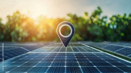 A location pin embedded in a natural landscape with solar panels, symbolizing sustainable energy
