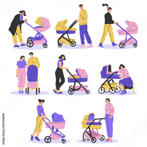 Young Parents Walking with Baby Carriage Vector Set