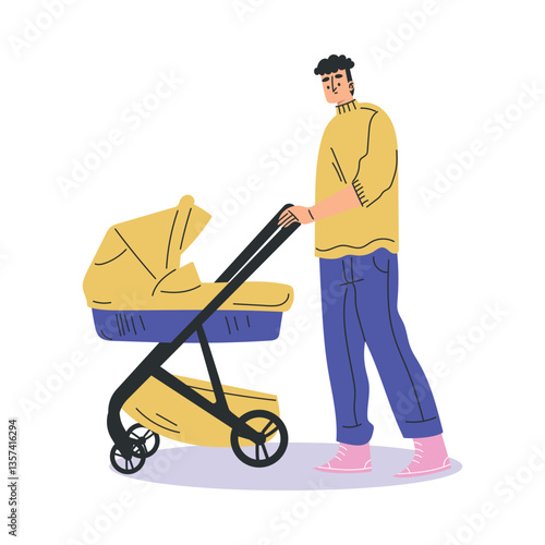 Young Man Parent Walking with Baby Carriage Vector Illustration
