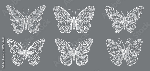 Série de 6 papillons dessinés style filaire, comme de petits insectes en dentelle blanche.
