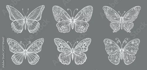 Fototapeta Série de 6 papillons dessinés style filaire, comme de petits insectes en dentelle blanche.
