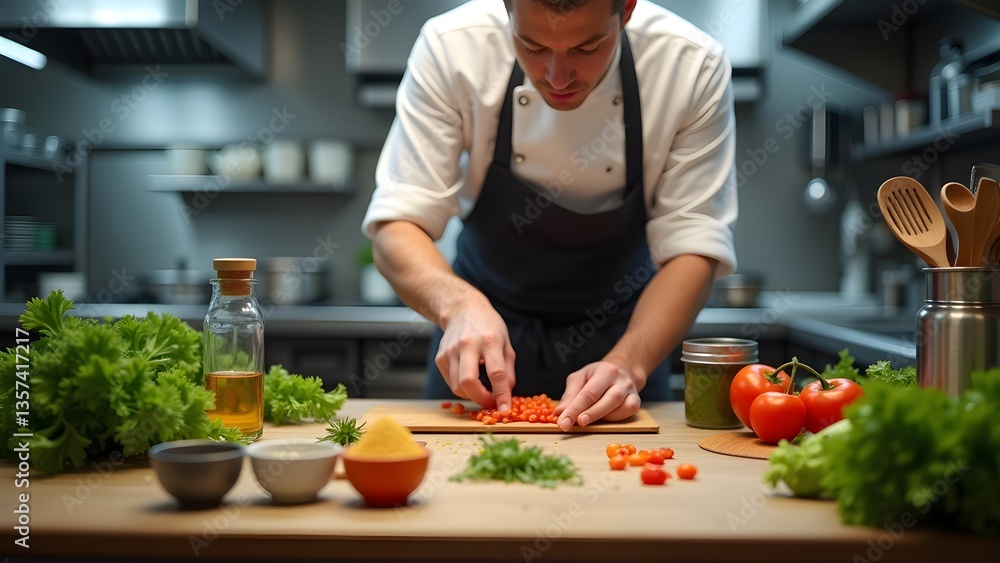 Professional chef preparing a meal with fresh tomatoes and herbs in a restaurant kitchen Professional chef preparing a meal with fresh tomatoes and herbs in a restaurant kitchen