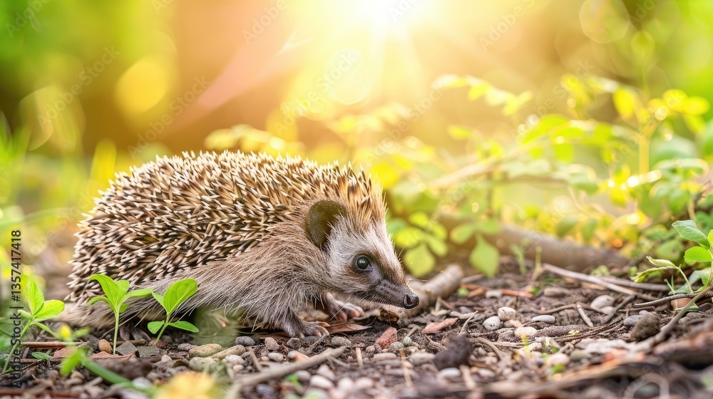 A cute hedgehog exploring the pebbled ground A cute hedgehog exploring the pebbled ground