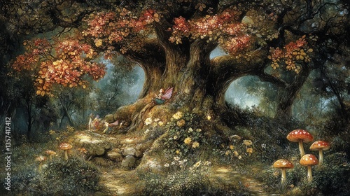 Whimsical Woodland Creatures Enchanted Forest Illustration Magical Environment Close-up Enchantment