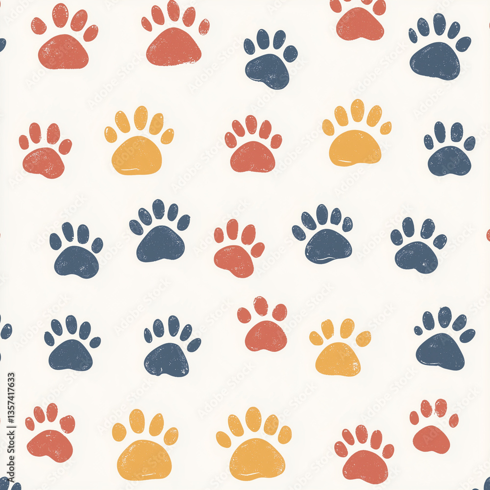 Fototapeta premium Colorful paw prints pattern on a light background, perfect for pet-related designs and products