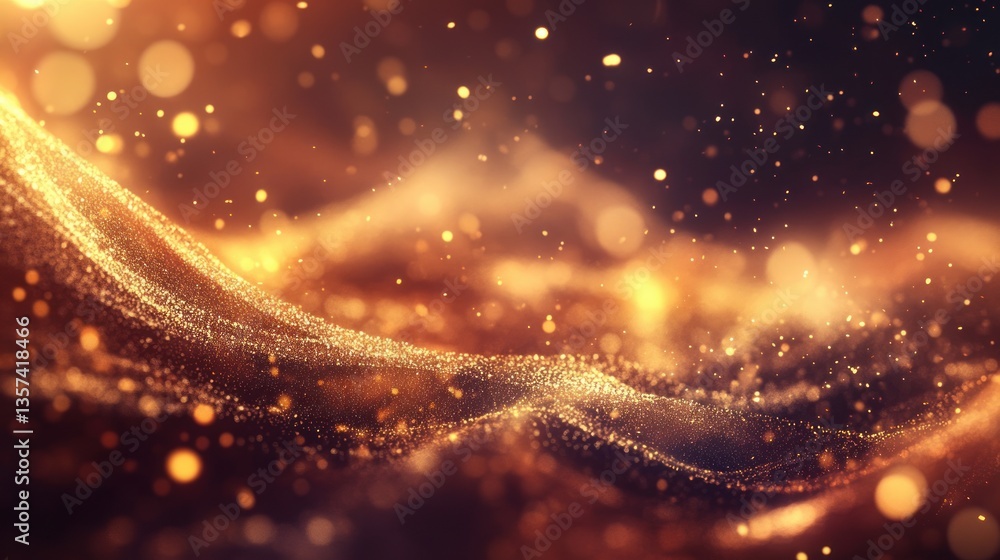 Fototapeta premium Abstract golden particles flowing in a dynamic wave pattern against a blurred dark background