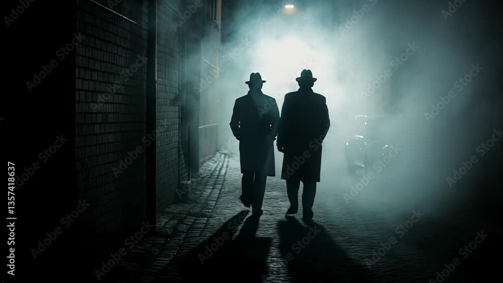 Mysterious figures walking through a foggy alley at night in an urban setting Mysterious figures walking through a foggy alley at night in an urban setting