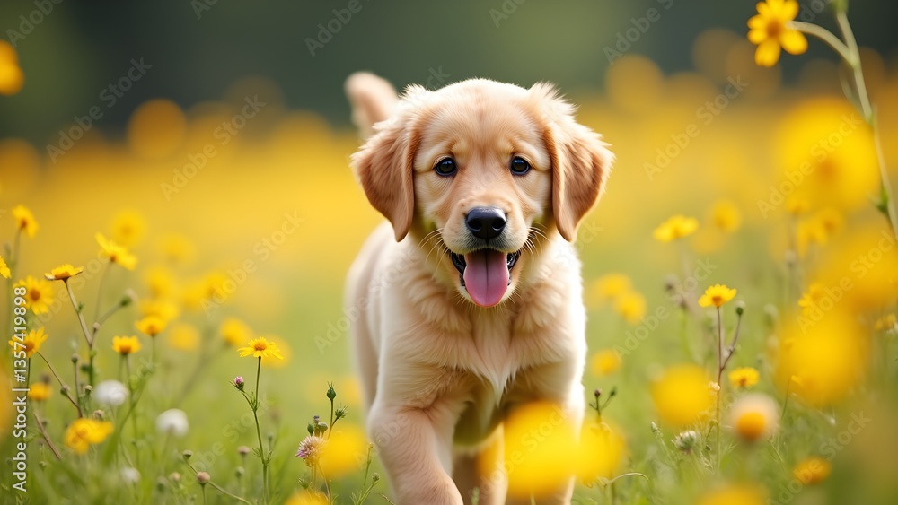 Adorable Golden Retriever Puppy in a Field of Yellow Flowers Adorable Golden Retriever Puppy in a Field of Yellow Flowers