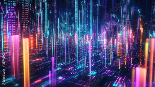 Wallpaper Mural A digital art illustration of a digital data visualization scene, dark background with blue, pink, and orange bar graphs and lines, symbolizing data analysis or stock trading Torontodigital.ca