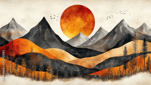 Layered Mountain Range Illustration Scenic Landscape Digital Art Minimalist Design Aerial View Nature Concept