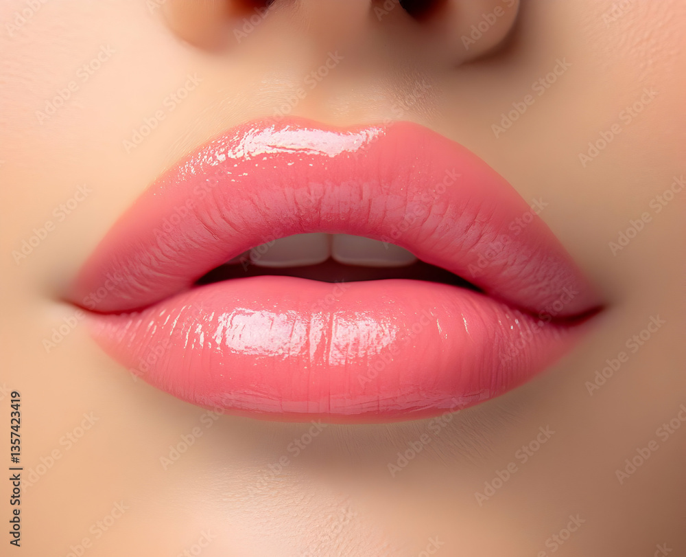 Obraz premium Close-up of beautifully shaped and glossy pink lips, exhibiting a sense of elegance and beauty ideal for cosmetic and fashion themes.