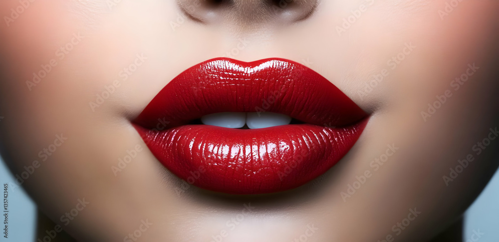 Fototapeta premium Close-up of beautiful lips adorned with vibrant red lipstick, showcasing a glossy finish and perfect contours.