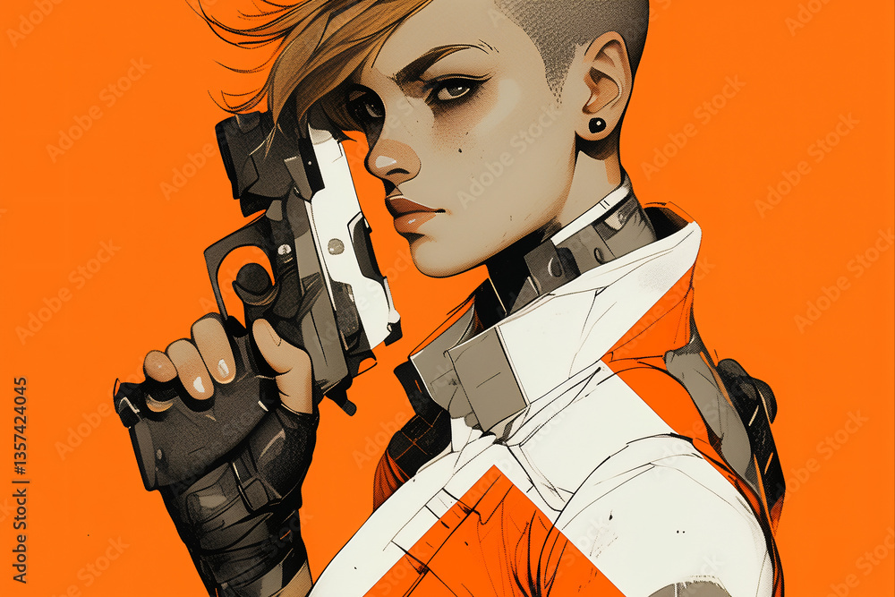 Futuristic Agent: A portrait of a stylish female agent, clutching a futuristic firearm in a stark, orange-toned environment. The image emphasizes strength and resolve. Futuristic Agent: A portrait of a stylish female agent, clutching a futuristic firearm in a stark, orange-toned environment. The image emphasizes strength and resolve.