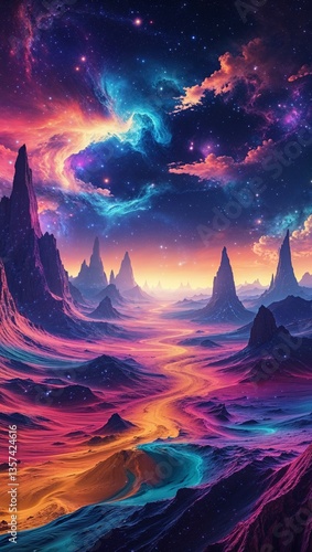 Surreal Cosmic Landscape with Vibrant Colors and Stars in a Dreamlike Night Sky