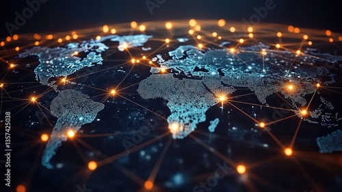 Fototapeta Naklejka Na Ścianę i Meble -  A digital art illustration of a digital world map made of blue grids, orange light dots and lines connecting various locations, symbolizing global networks and data transmission, dark background
