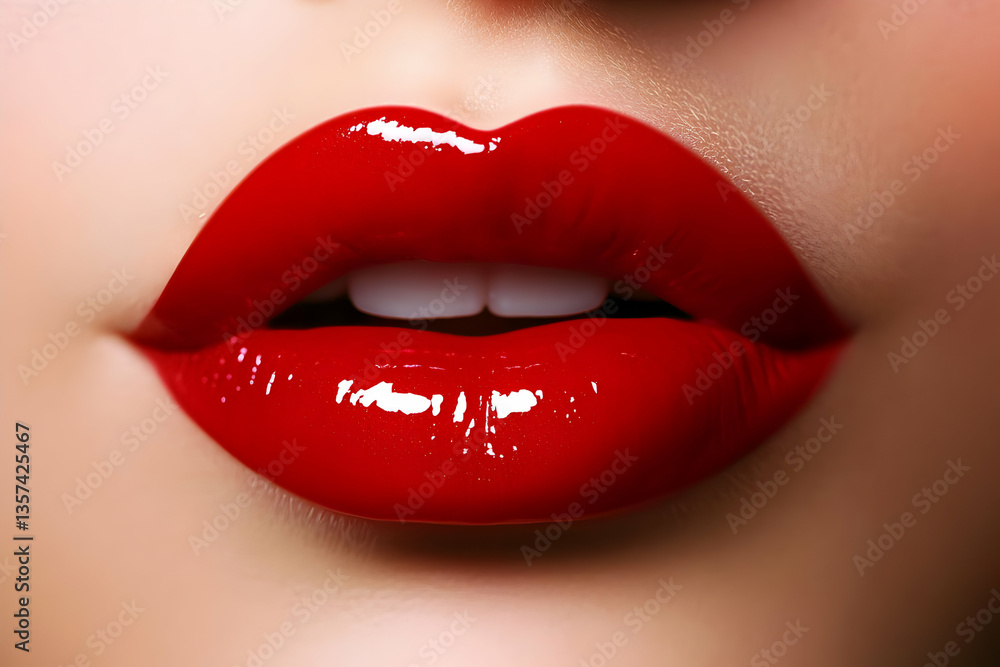 Fototapeta premium Close-up of glossy red lips highlighting beauty and elegance, perfect for fashion, cosmetics, and lifestyle themes.