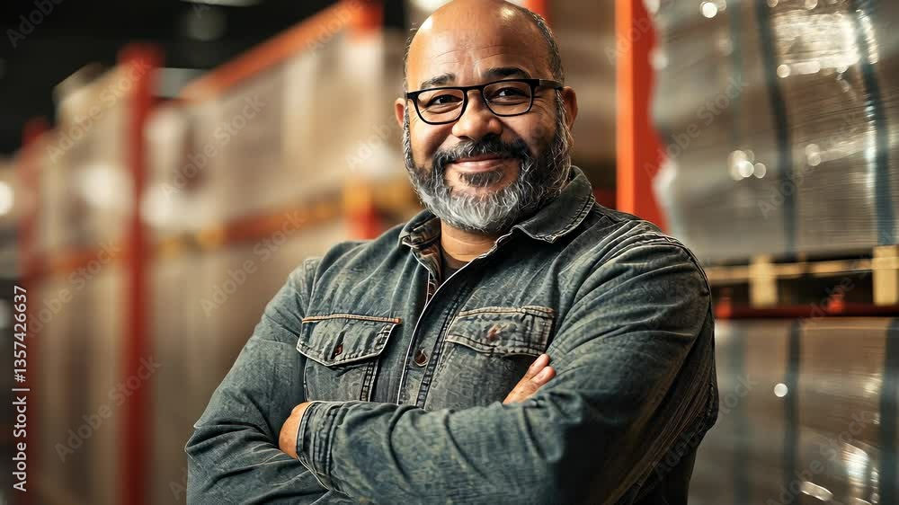 Warehouse manager stands confidently in storage facility showcasing leadership and professionalism in a bustling environment Warehouse manager stands confidently in storage facility showcasing leadership and professionalism in a bustling environment