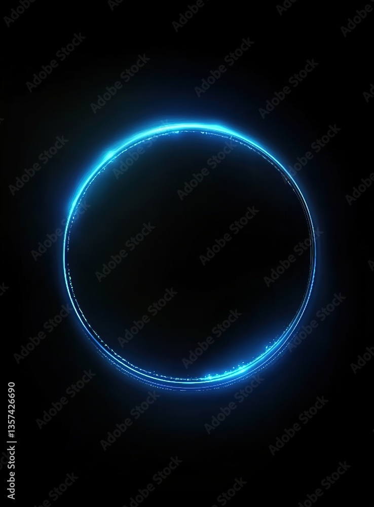Fototapeta premium A digital art illustration of a glowing blue ring with tiny light dots around it, dark background, cool lighting, sci-fi style with a mysterious and futuristic atmosphere