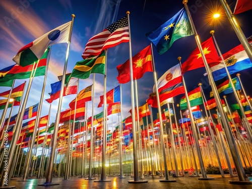Long Exposure Photography: World Flags Waving in the Wind at Night