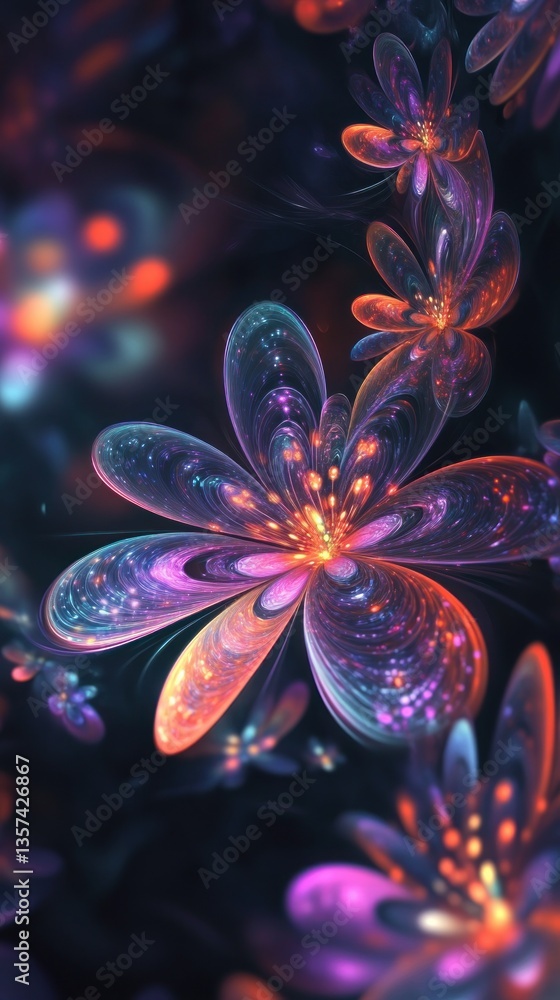 Fototapeta premium Enchanting Abstract Floral Display with Luminous Sparks and Neon Gradient in Deep Midnight Setting