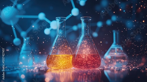 Assorted lab equipment illuminated by vibrant chemical liquids, selective focus, whimsical modern chemistry backdrop