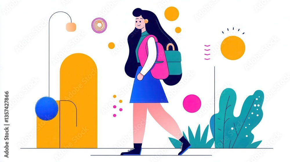 Animated student girl with backpack on the way to school in abstract colorful illustration art. Animated student girl with backpack on the way to school in abstract colorful illustration art.