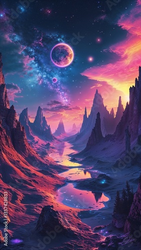 Serene Night Sky Over Purple Mountains and Cosmic River Reflections in a Dreamlike Galactic Landscape