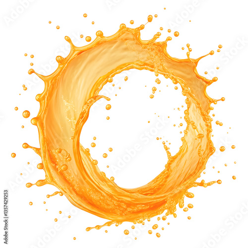 A vibrant burst of orange juice forming a captivating circle, showcasing its freshness and deliciousness against a stark on white or transparent background