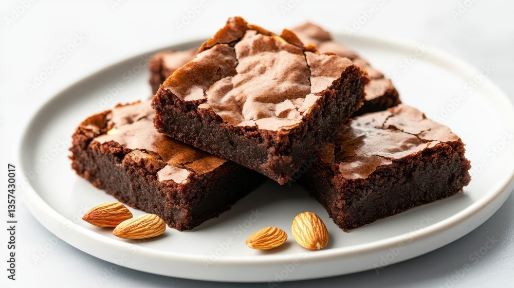 Delicious Chocolate Brownies Topped with Almonds on Elegant Plate Delicious Chocolate Brownies Topped with Almonds on Elegant Plate