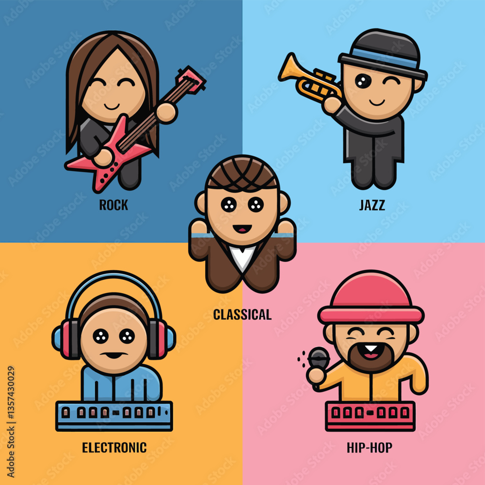 2d vector illustration icon cool entertainment cartoon character music tools (Drum , Music Note , Headphones ,Microphone , Piano , Guitar ,Record)
2d vector illustration icon cool entertainment cartoon character music tools (Drum , Music Note , Headphones ,Microphone , Piano , Guitar ,Record)