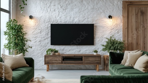 A modern rustic living space with a white stone wall as the centerpiece, with a TV mounted above a wooden stand
