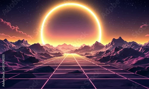 Retro Futuristic Synthwave Landscape: Neon Grid Road Leading to a Giant Ringed Sun