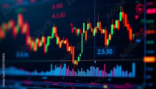 A close up of a stock market chart with red and green candles on a dark blue background screen display