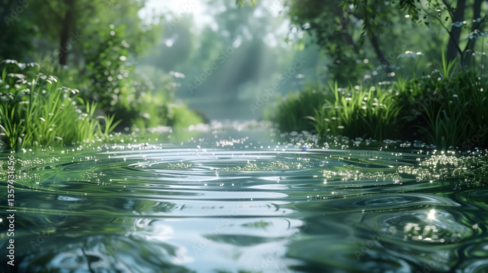 Fototapeta premium Tranquil natural water texture with gentle ripples and greenery 
