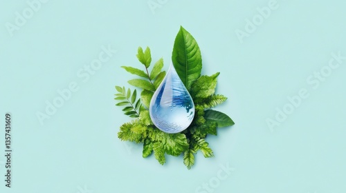 A Drop of Life: A pristine water droplet, reflecting the world, nestles amidst lush greenery, conveying themes of sustainability and environmental consciousness.