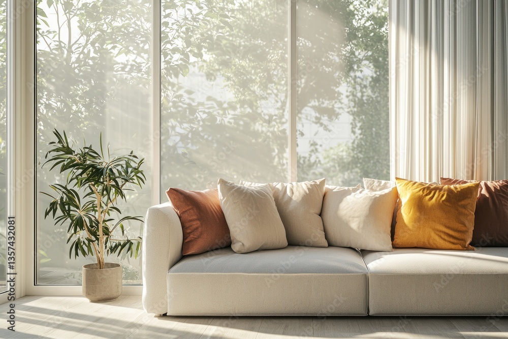 Fototapeta premium Airy Living Room with Comfortable Couch and Natural Light Flowing Through Large Windows Interior Design