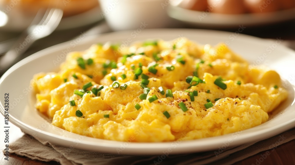 Delicious scrambled eggs on white plate garnished with chives and black pepper for healthy breakfast or brunch served on table Delicious scrambled eggs on white plate garnished with chives and black pepper for healthy breakfast or brunch served on table