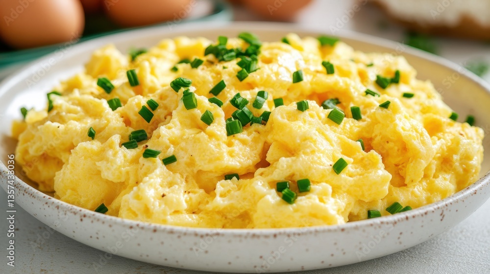 Delicious Scrambled Eggs Garnished with Fresh Chives on a Speckled Plate Culinary Delight Breakfast or Brunch Close up View Delicious Scrambled Eggs Garnished with Fresh Chives on a Speckled Plate Culinary Delight Breakfast or Brunch Close up View