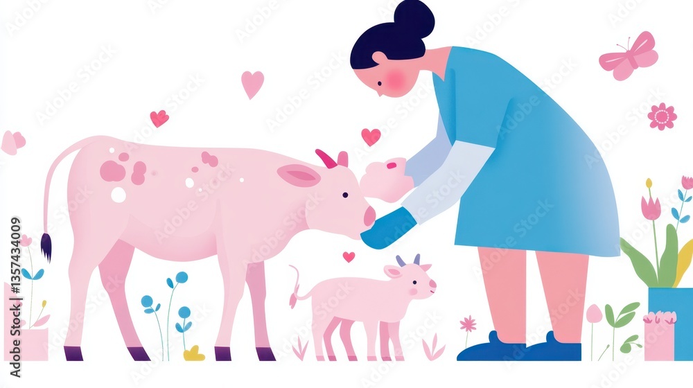 Veterinarian assisting a newborn calf with mother in a farm setting, pastel colors, illustration style, showcasing tender loving animal care Veterinarian assisting a newborn calf with mother in a farm setting, pastel colors, illustration style, showcasing tender loving animal care