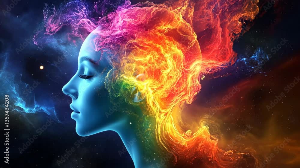 Colorful celestial figure with vibrant flames emerging from hair in a cosmic background during nighttime Colorful celestial figure with vibrant flames emerging from hair in a cosmic background during nighttime