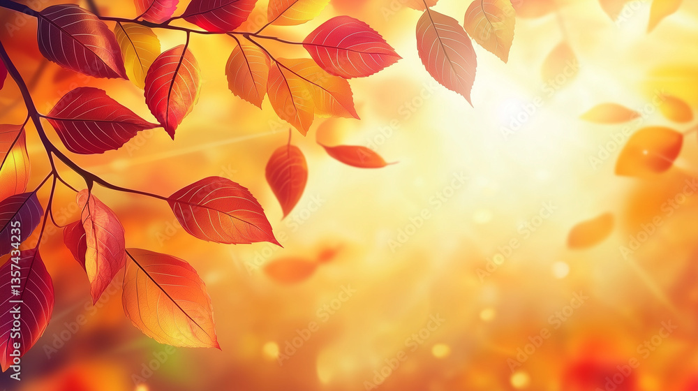 Fototapeta premium A macro shot of fall leaves in shades of crimson, amber, and gold, with sharp edges and gentle sunlight at twilight