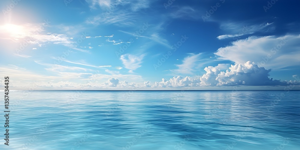 Obraz premium Tropical beach panorama, seascape with a wide horizon, showcasing the beautiful expanse of the sky meeting the sea, Finest generative AI