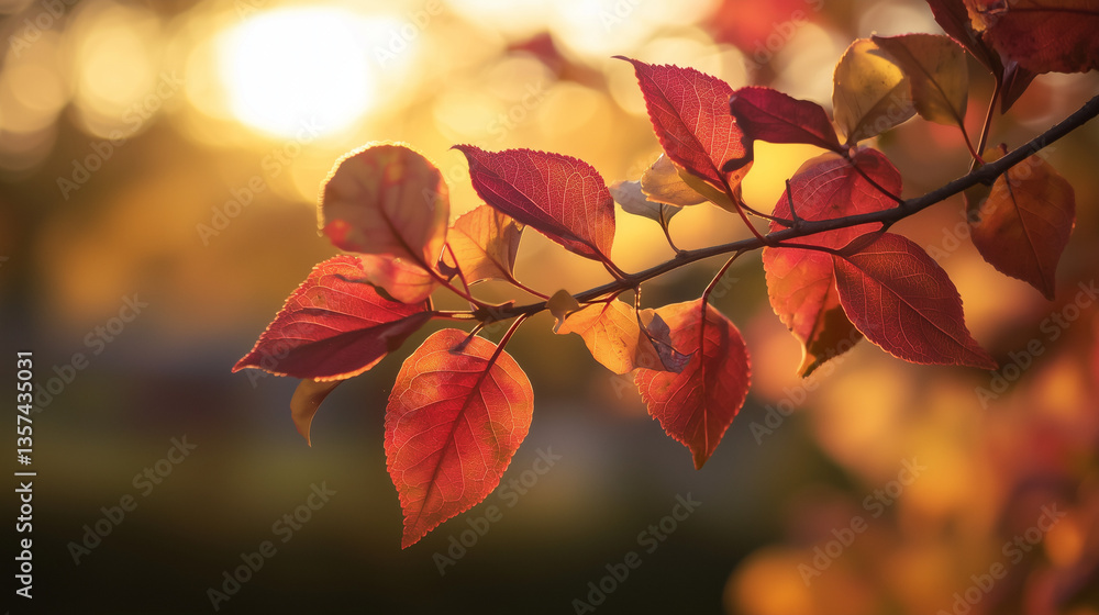 A detailed shot of a tree branch adorned with vibrant autumn leaves in shades of red, orange, and yellow, featuring crisp edges and soft sunlight filtering through A detailed shot of a tree branch adorned with vibrant autumn leaves in shades of red, orange, and yellow, featuring crisp edges and soft sunlight filtering through